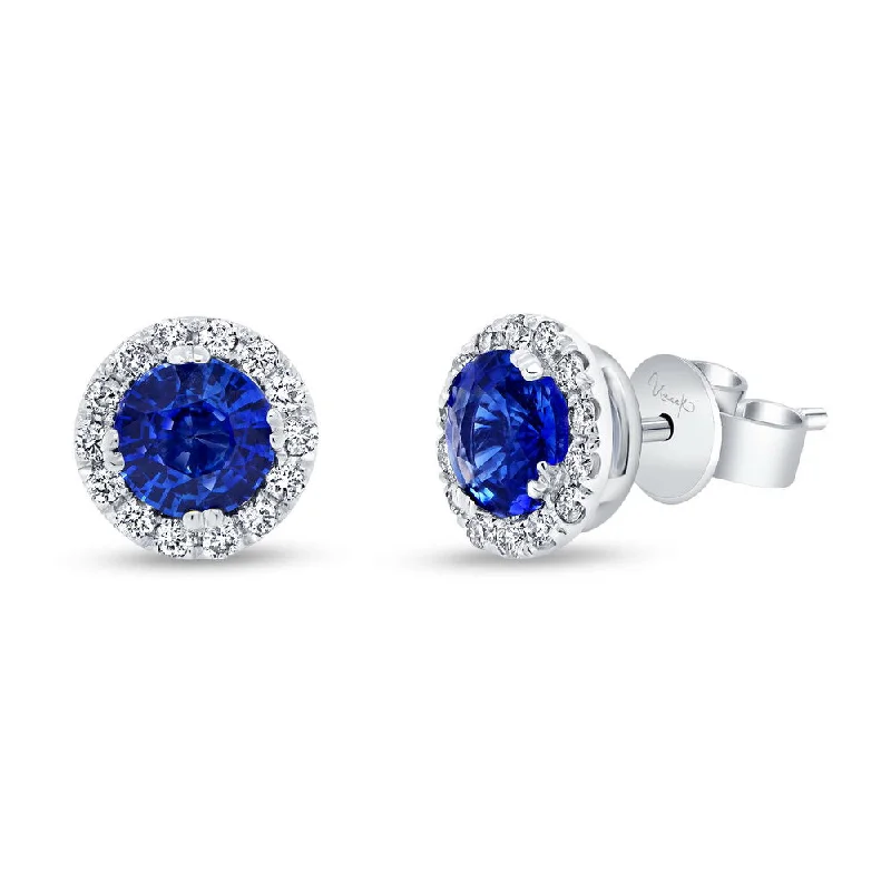 Women’s contemporary earrings-Uneek Precious Collection Halo Round Blue Sapphire Stud Earrings