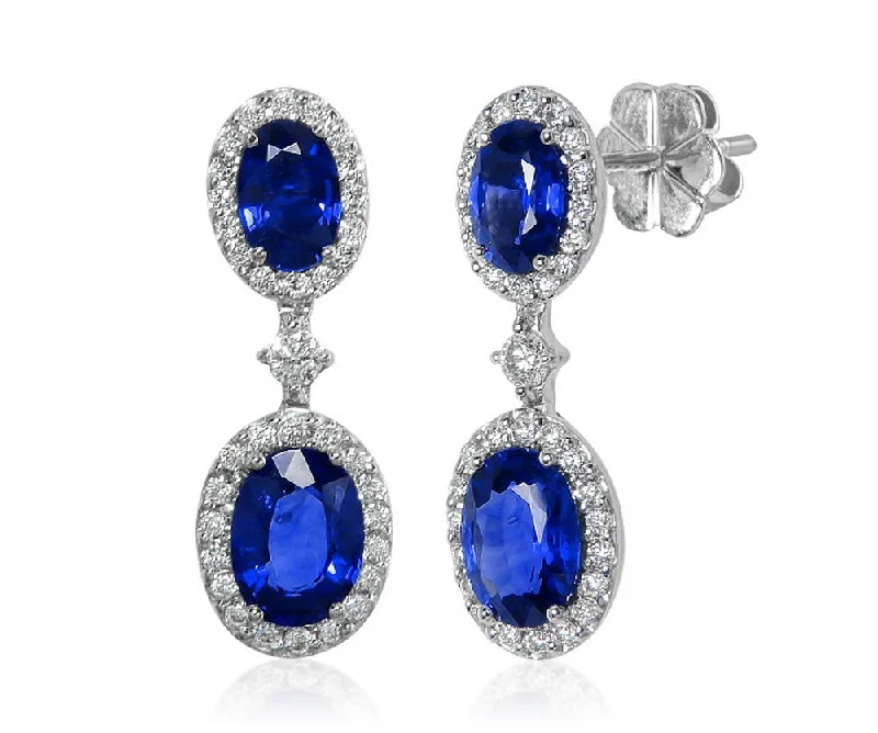 Women’s crystal drop earrings-Uneek Royalty-Inspired Blue Sapphire Double Oval Dangle Earrings with Pave Diamond Halos