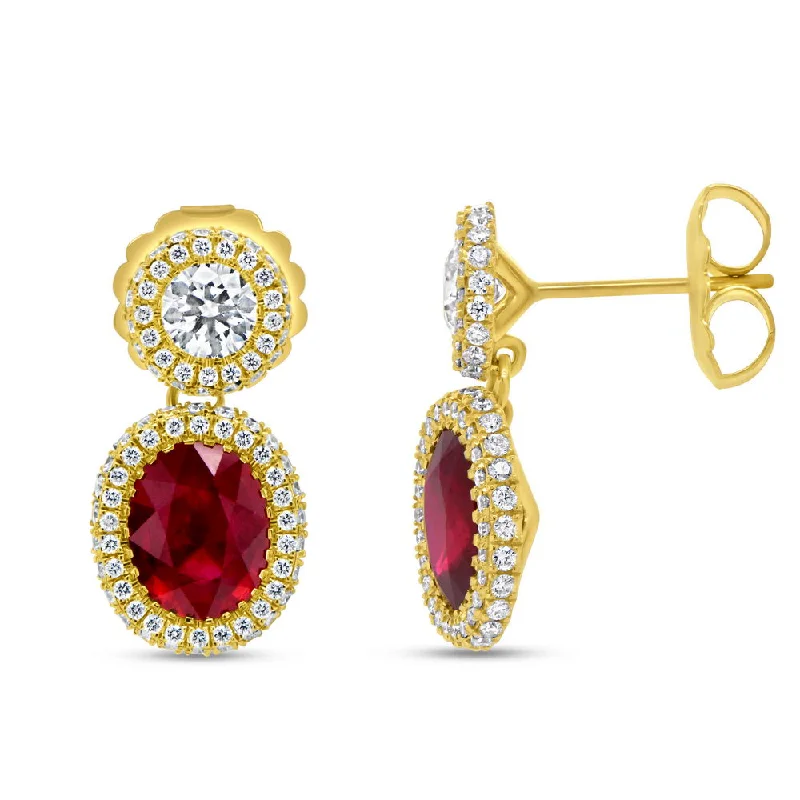 Women’s teardrop earrings-Uneek Precious Collection Halo Oval Shaped Ruby Dangle Earrings