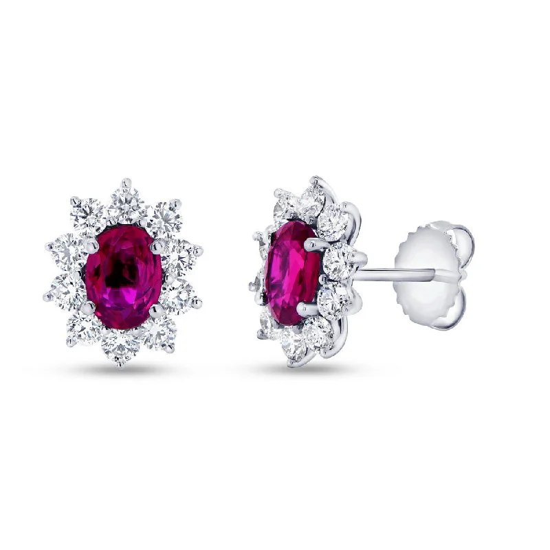 Women’s hoop drop earrings-Uneek Precious Collection Halo Oval Shaped Ruby Stud Earrings