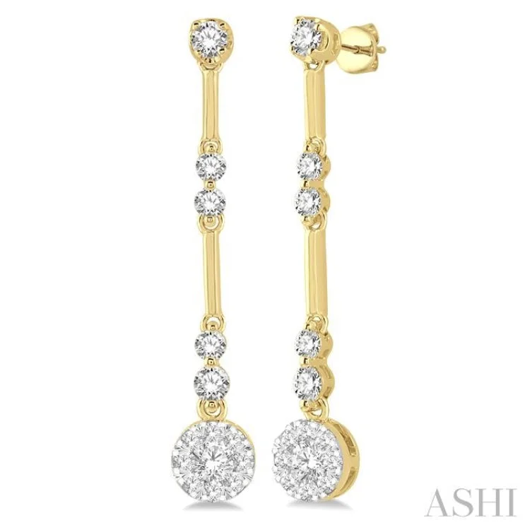 Women’s luxurious earrings-3/4 ctw Tri-Section Lovebright Round Cut Diamond Bar Link Earrings in 14K Yellow and White Gold