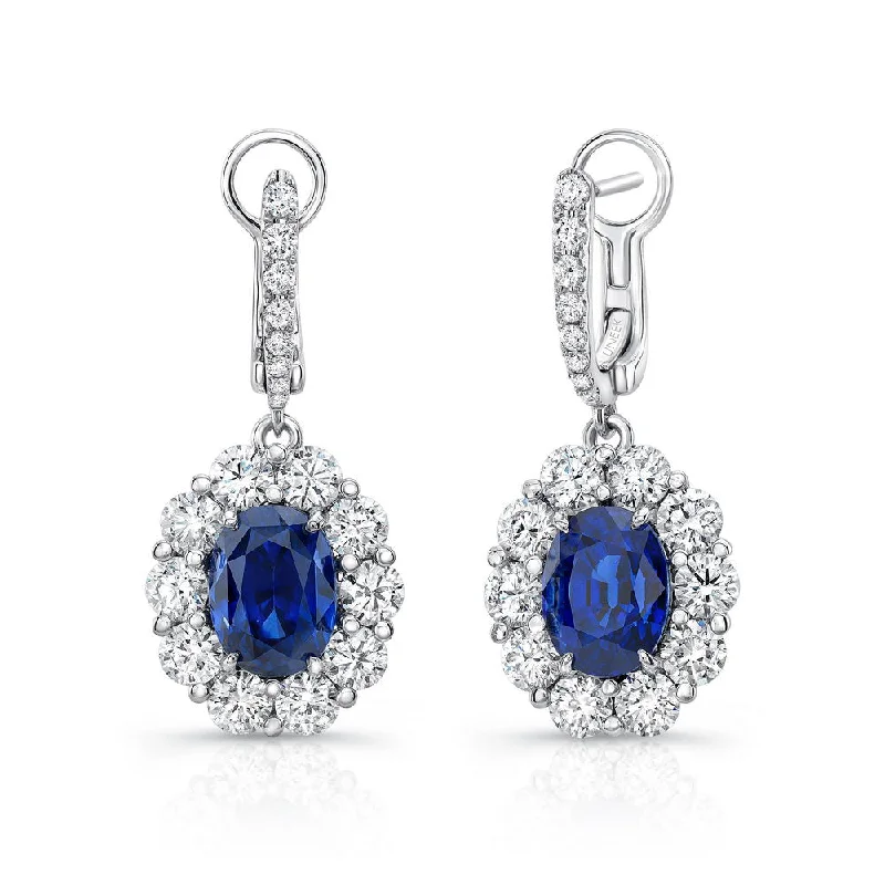 Women’s diamond drop earrings-Uneek Oval Blue Sapphire Dangle Earrings with Scallop-Illusion Diamond Halos