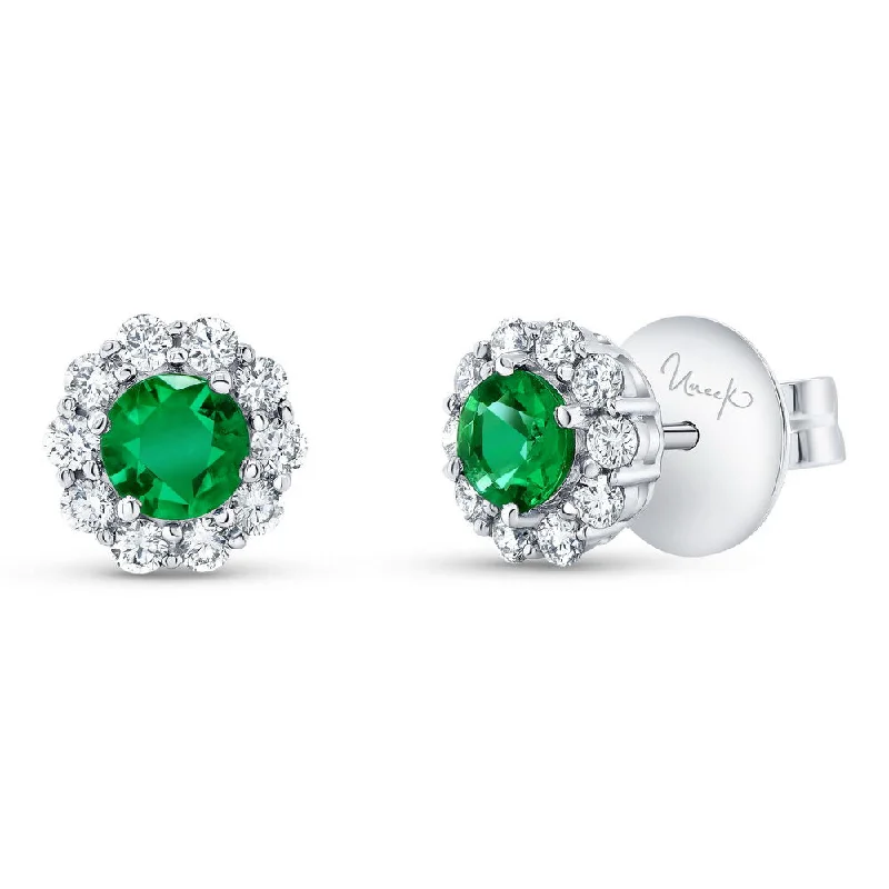 Women’s birthstone earrings-Uneek Precious Collection Halo Round Emerald Stud Earrings