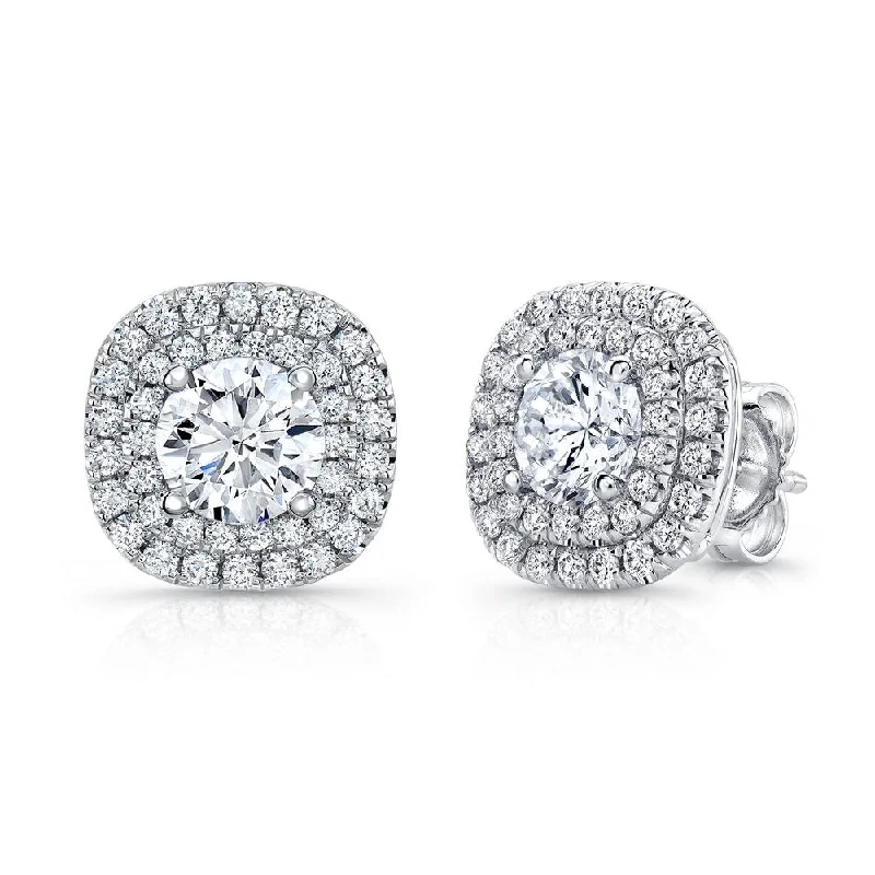 Women’s gold earrings-Uneek Round Diamond Stud Earrings with Dreamy Cushion-Shaped Double Halos