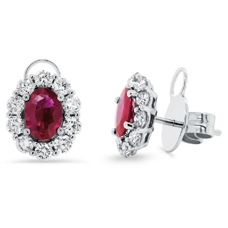 Women’s pearl drop earrings-Uneek Precious Collection Halo Oval Shaped Ruby Stud Earrings