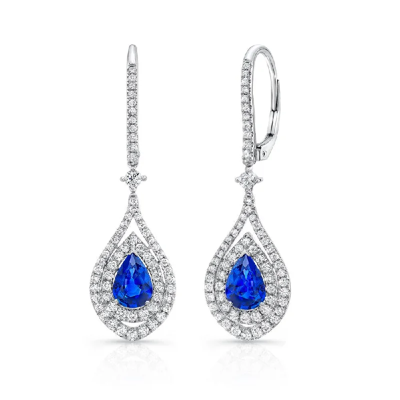 Women’s diamond earrings-Uneek Pear-Shaped Blue Sapphire Dangle Earrings with Diamond Double Halos