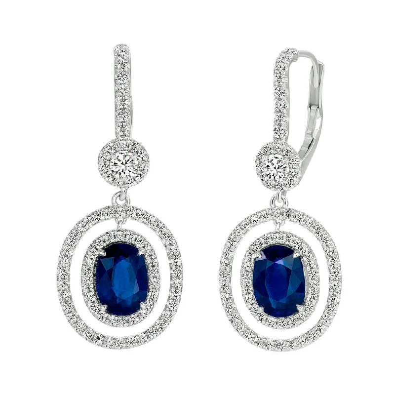 Women’s silver hoop drop earrings-Uneek Precious Collection Halo Oval Shaped Blue Sapphire Dangle Earrings