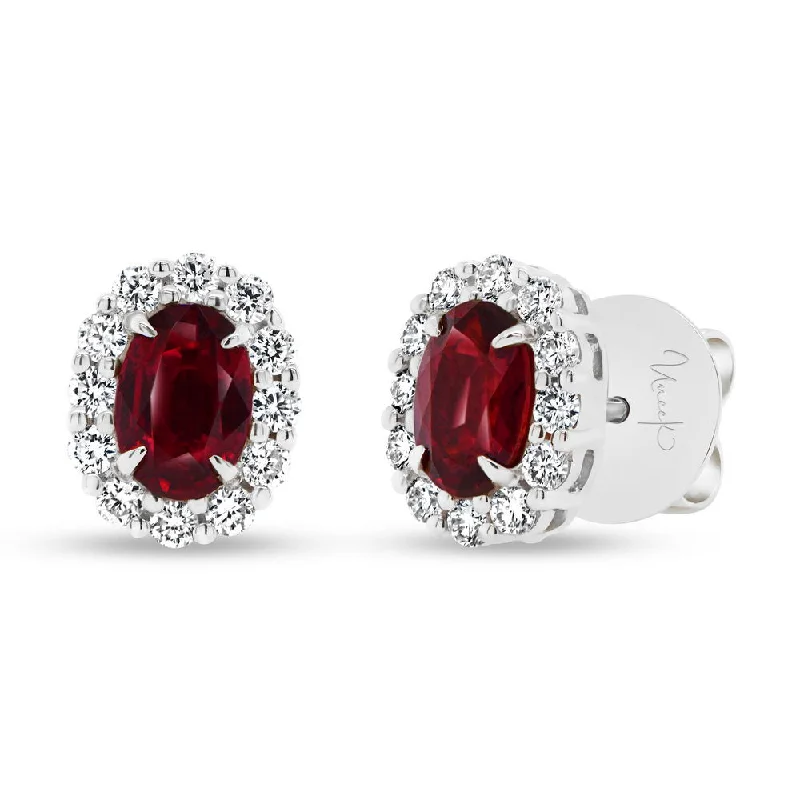 Women’s statement pearl earrings-Uneek Precious Collection Halo Oval Shaped Ruby Stud Earrings