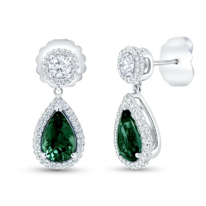 Women’s hoop drop earrings-Uneek Precious Collection Double-Halo Pear Shaped Green Tourmaline Anniversary Earrings