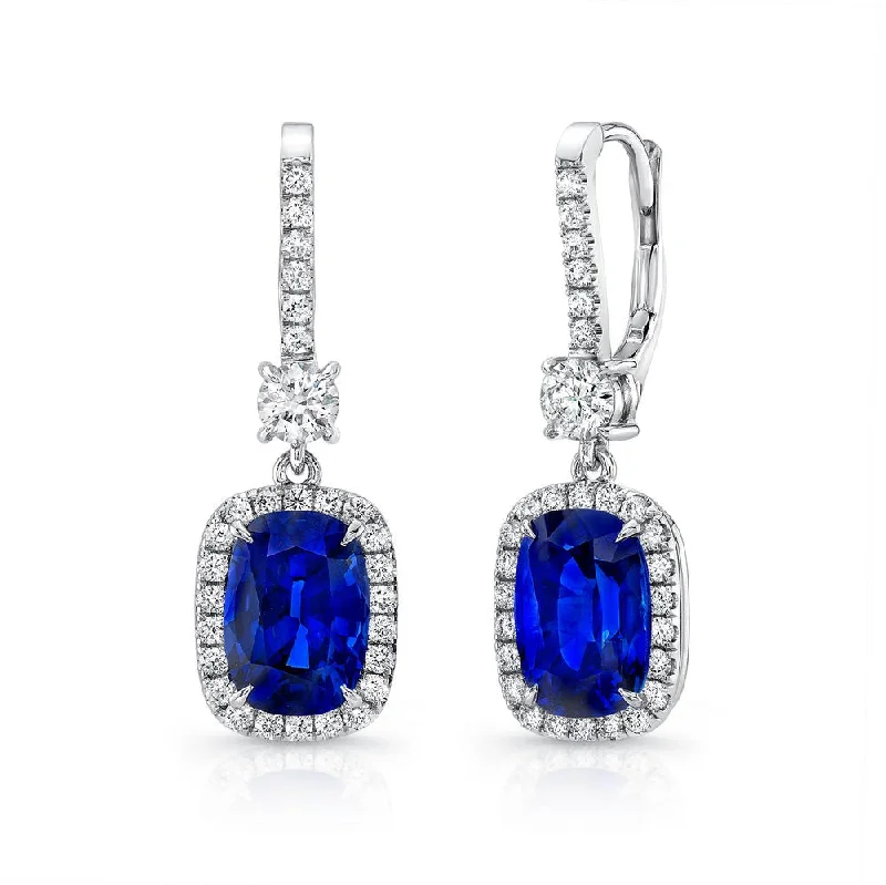 Women’s crystal hoop earrings-Uneek Cushion-Cut Blue Sapphire Dangle Earrings with Pave Diamond Halos