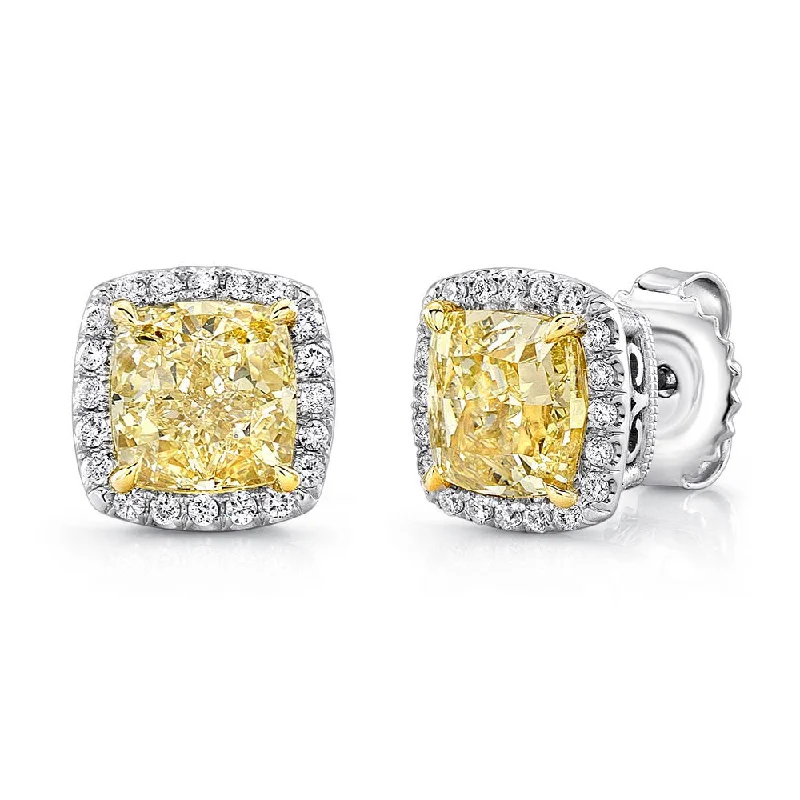 Women’s simple gold earrings-Uneek Cushion Yellow Diamond Halo Stud Earrings