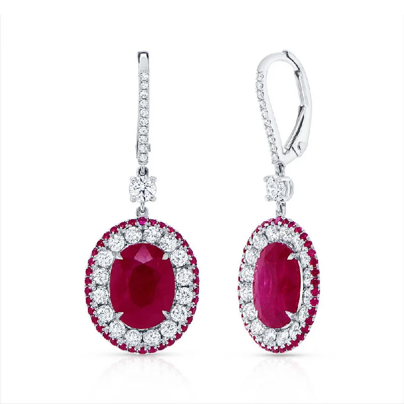 Women’s crystal drop earrings-Uneek Precious Collection Halo Oval Shaped Ruby Dangle Earrings