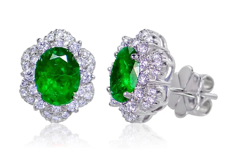 Women’s layered earrings-Uneek Oval Emerald Stud Earrings with Diamond Double Halos