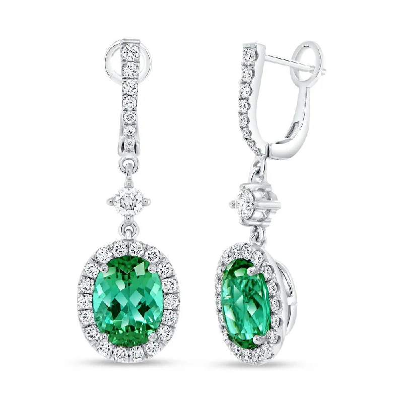 Women’s trendy gold earrings-Uneek Precious Collection Halo Oval Shaped Green Tourmaline Dangle Earrings