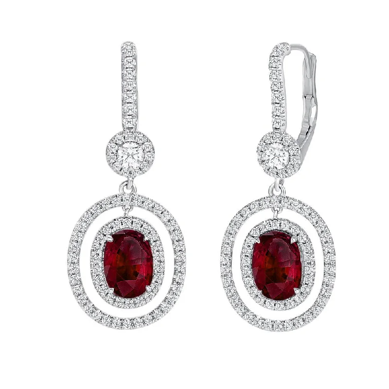 Women’s statement pearl earrings-Uneek Precious Collection Halo Oval Shaped Ruby Dangle Earrings