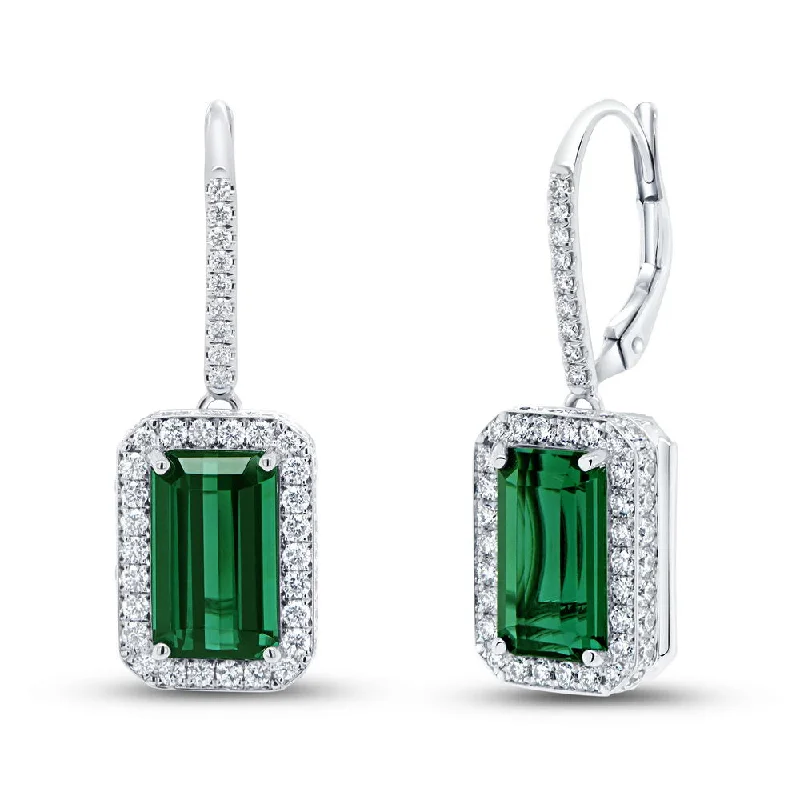 Women’s teardrop earrings-Uneek Precious Collection Halo Emerald Cut Indicolite Tourmaline Drop Earrings