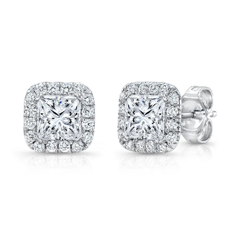 Women’s diamond earrings-Uneek Princess-Cut Diamond Halo Stud Earrings