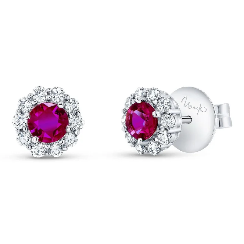 Women’s moonstone earrings-Uneek Precious Collection Halo Round Ruby Stud Earrings