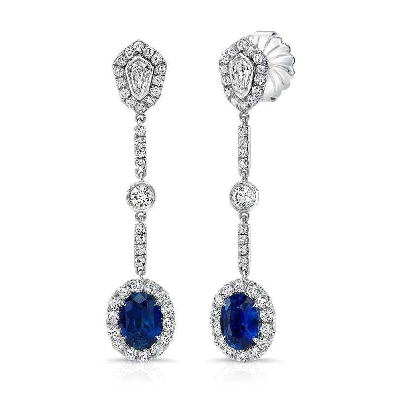 Women’s stud earrings-Uneek Oval Blue Sapphire Dangle Earrings with Kite-Shaped and Round Bezel Diamond Accents