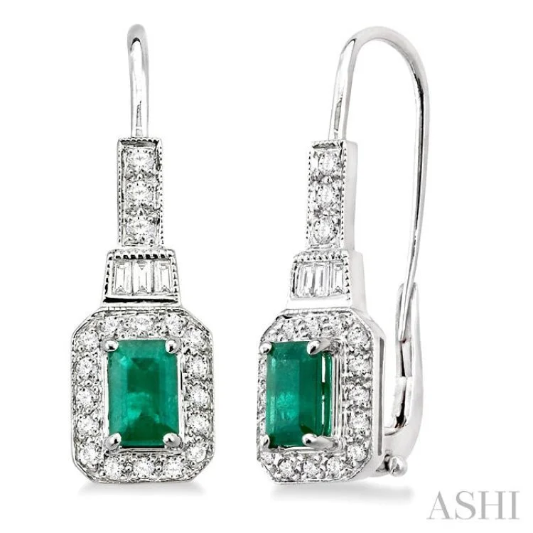 Women’s trendy earrings-6x4mm Octagon Cut Emerald and 1/2 Ctw Baguette and Round Cut Diamond Earrings in 14K White Gold