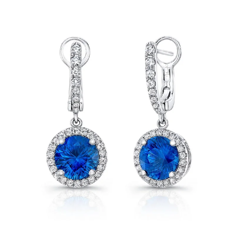 Women’s statement gold earrings-Uneek Round Blue Sapphire Drop Earrings with Diamond Halo