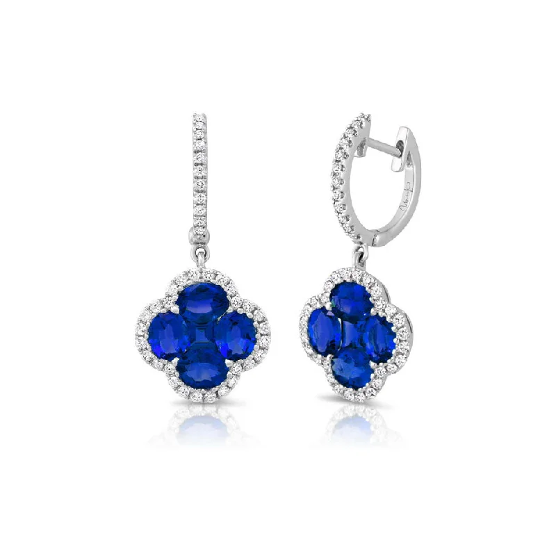 Women’s crystal hoop earrings-Uneek Precious Collection Floral Oval Shaped Blue Sapphire Dangle Earrings