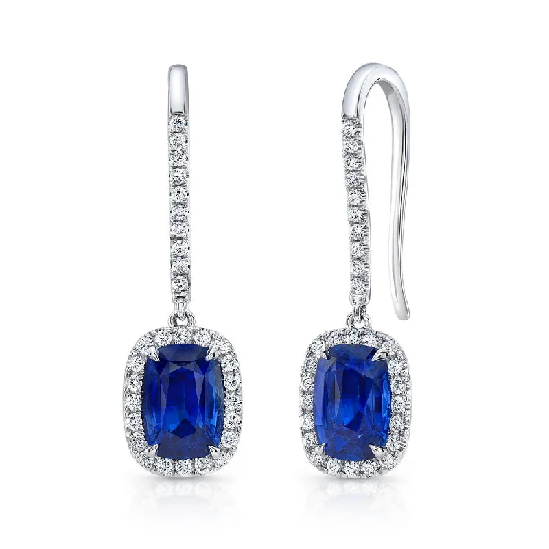 Women’s engraved earrings-Uneek Cushion-Cut Blue Sapphire Earrings with Pave Diamond Halos