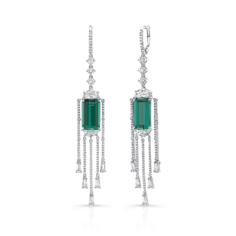 Women’s pearl hoop earrings-Uneek Reign Drops Green Tourmaline Dangling Diamond Earrings