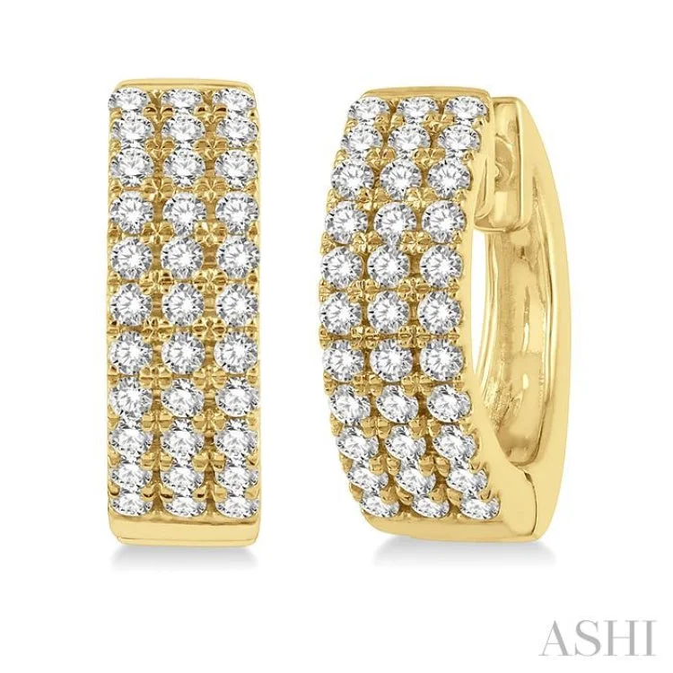 Women’s elegant earrings-1/2 Ctw Triple Row Round Cut Diamond Huggie Earrings in 14K Yellow Gold