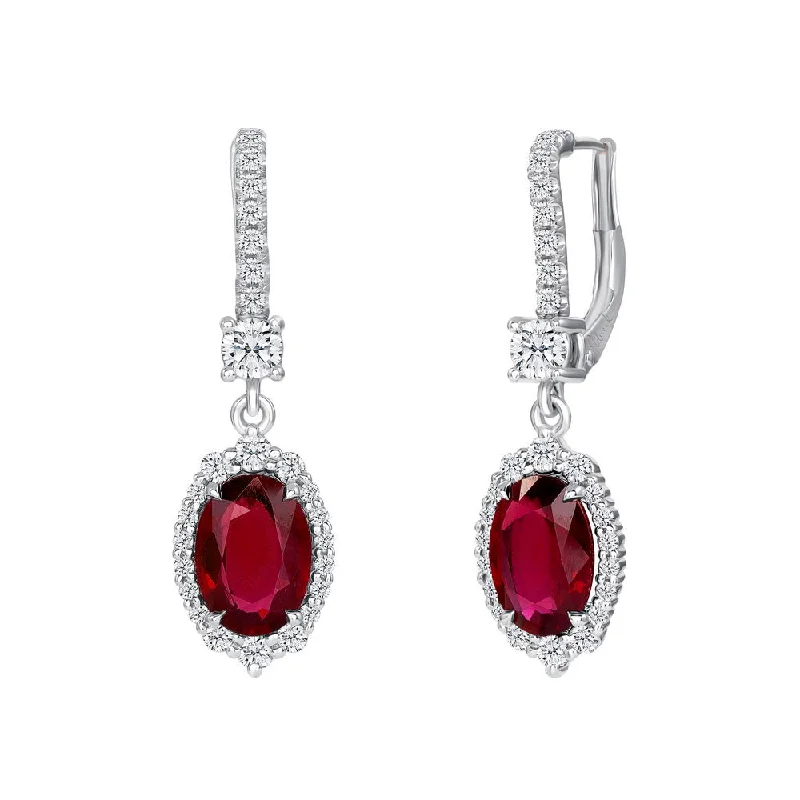 Women’s art deco earrings-Uneek Precious Collection Halo Oval Shaped Ruby Dangle Earrings