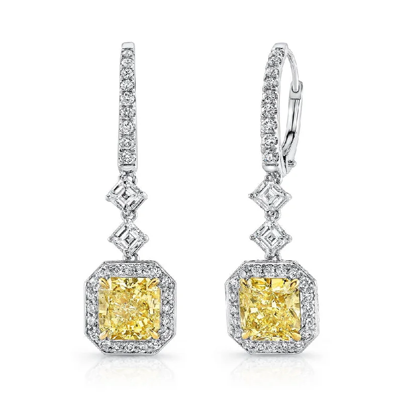 Women’s classic earrings-Uneek Radiant-Cut Fancy Light Yellow Dangle Earrings with Tilted Asscher-Cut Accent White Diamonds