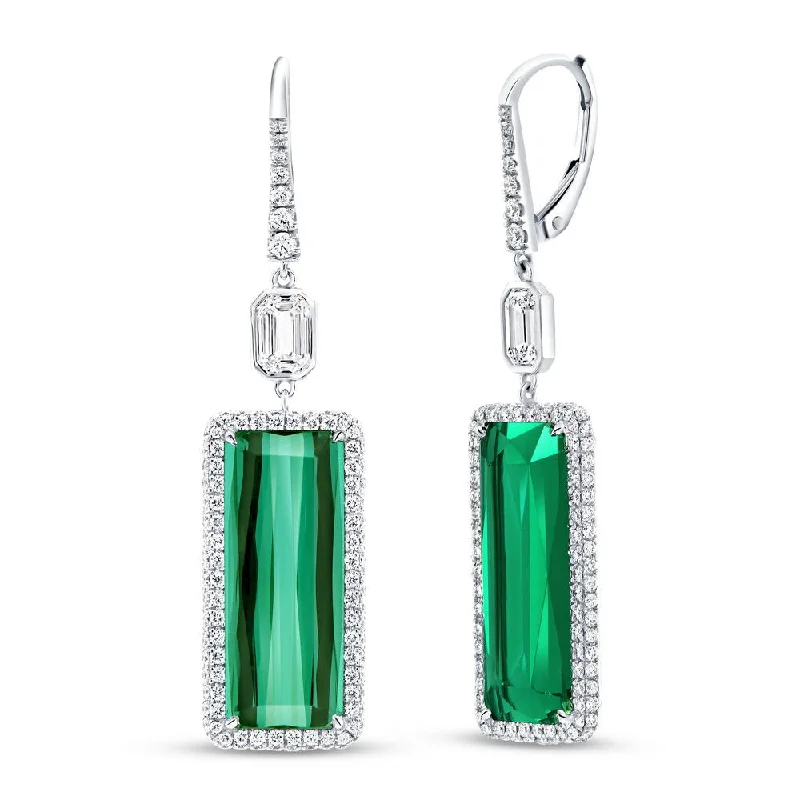 Women’s hoop earrings-Uneek Stackable Collection Halo Emerald Cut Green Tourmaline Dangle Earrings