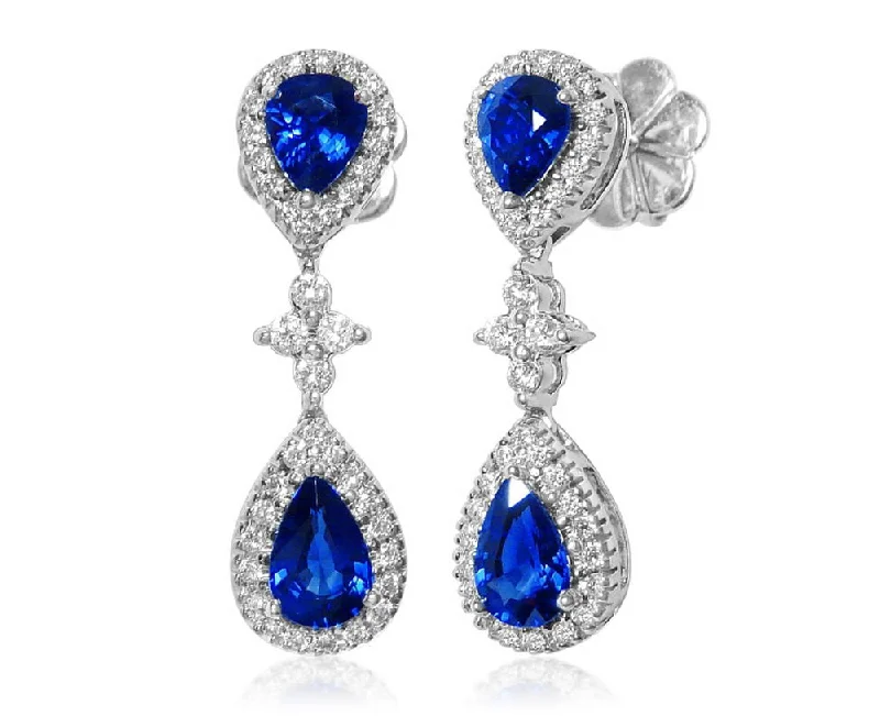 Women’s party earrings-Uneek Royalty-Inspired Blue Sapphire Double Teardrop Dangle Earrings with Pave Diamond Halos and Flower-Shaped Diamond Cluster Accents