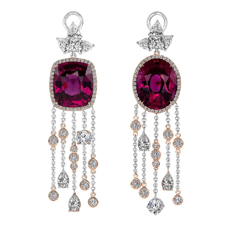 Women’s dangling crystal earrings-Uneek HeartStrings Earrings with Asymmetrical Oval-Cushion Rhodolite Garnet and Diamond