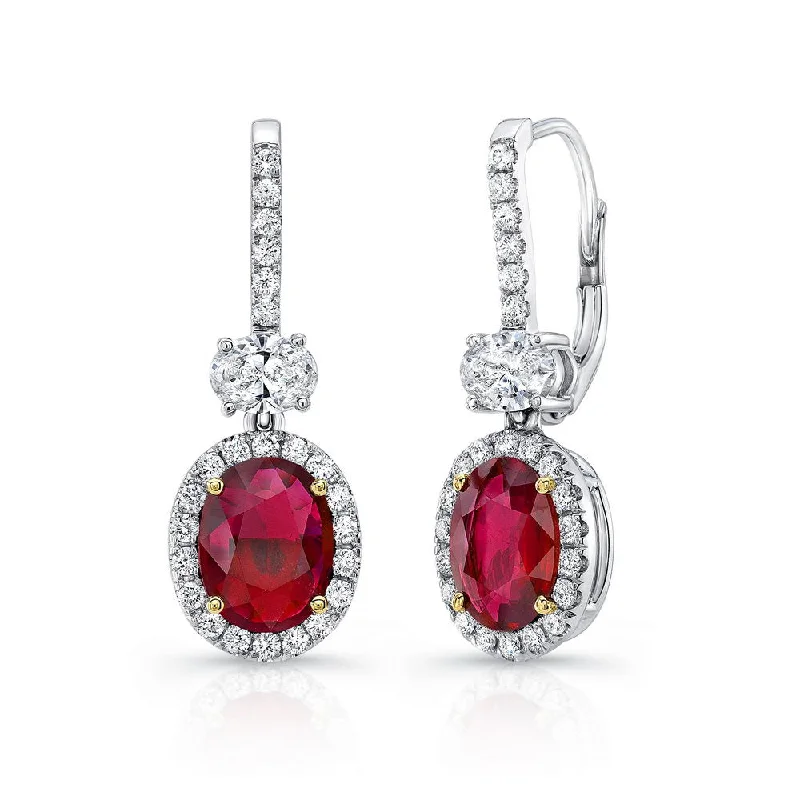 Women’s infinity earrings-Uneek Precious Collection Halo Oval Shaped Ruby Dangle Earrings