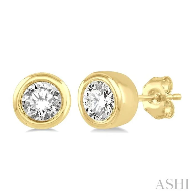 Women’s unique earrings-1/10 Ctw Bezel Round Cut Diamond Petite Stud Earring in 10K Yellow Gold