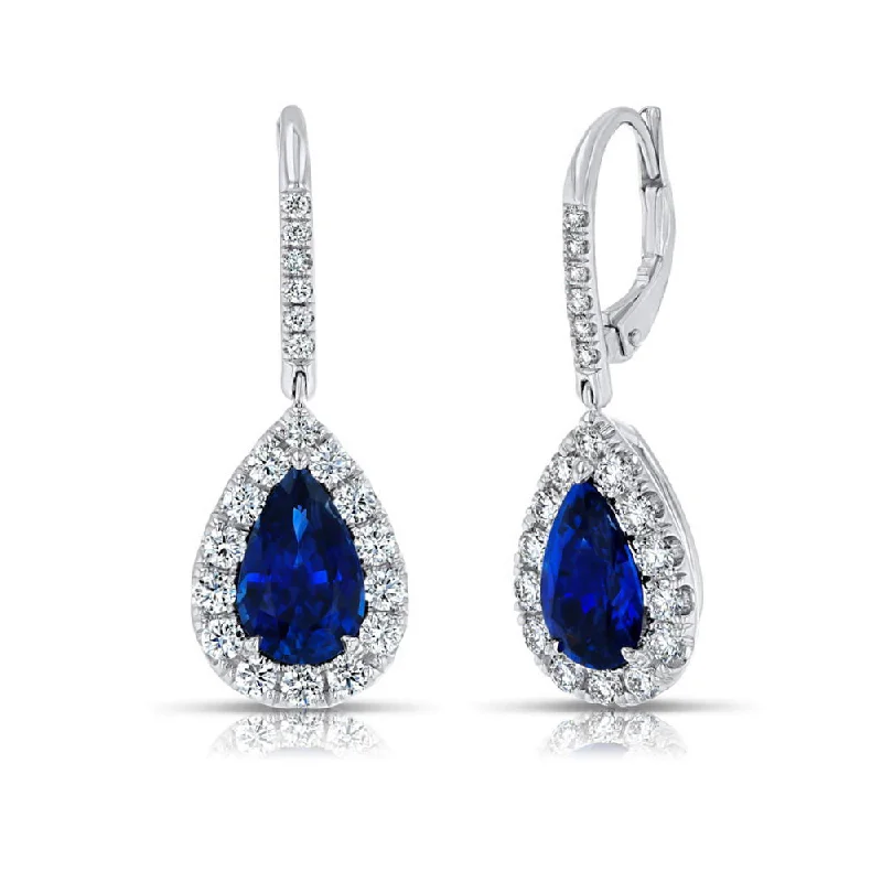 Women’s trendy drop earrings-Uneek Pear-Shaped Blue Sapphire Dangle Earrings with Pave Diamond Halos