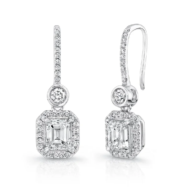 Women’s bold earrings-Uneek Emerald-Cut Diamond Drop Earrings with Bezel-Set Round Diamonds