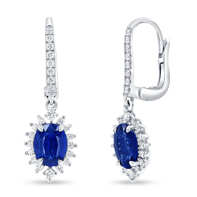 Women’s engraved earrings-Uneek Precious Collection Halo Oval Shaped Blue Sapphire Dangle Earrings