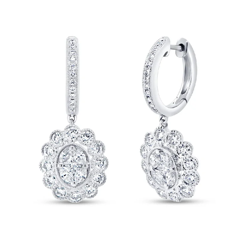 Women’s engraved earrings-Uneek Petals Design Cluster Diamond Center Earrings