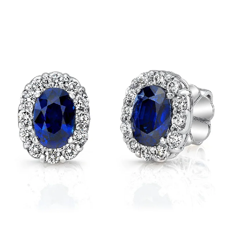 Women’s silver stud earrings-Uneek Oval Blue Sapphire Stud Earrings with Scalloped Diamond Halos