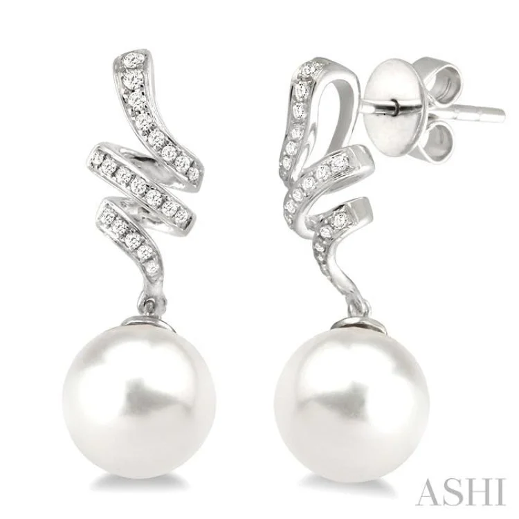 Women’s hoop and stud earrings-9x9MM Cultured Pearls and 1/5 Ctw Round Cut Diamond Earrings in 14K White Gold