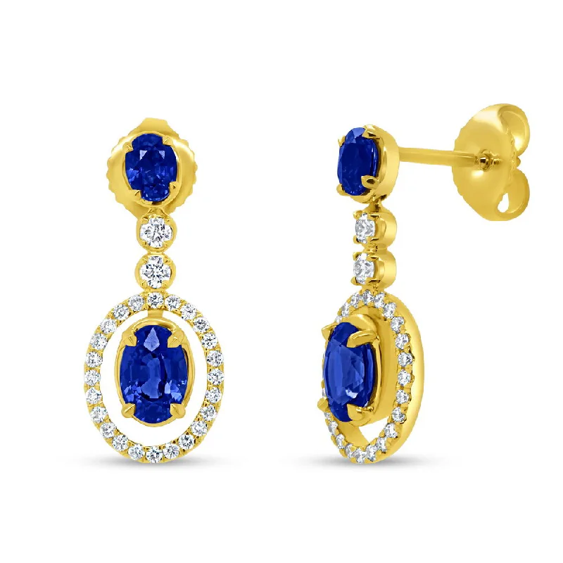 Women’s ruby earrings-Uneek Precious Collection Halo Oval Shaped Blue Sapphire Drop Earrings