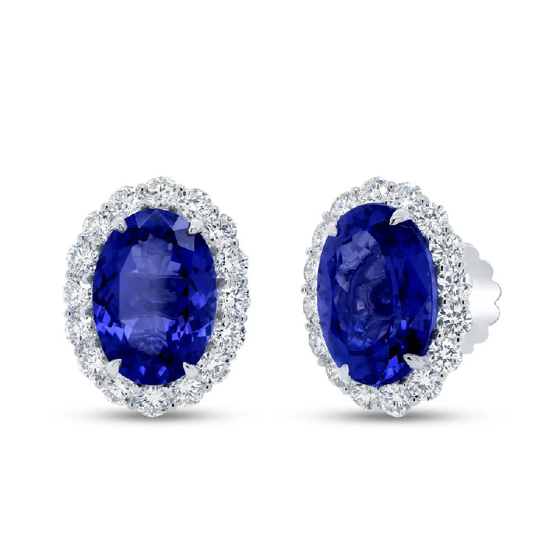 Women’s silver and gold earrings-Uneek Precious Collection Halo Oval Shaped Tanzanite Stud Earrings