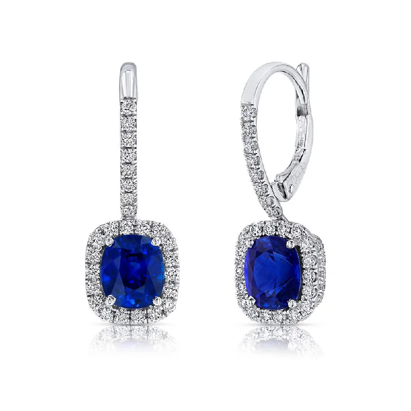 Women’s pearl earrings-Uneek Precious Collection Halo Cushion Cut Blue Sapphire Dangle Earrings