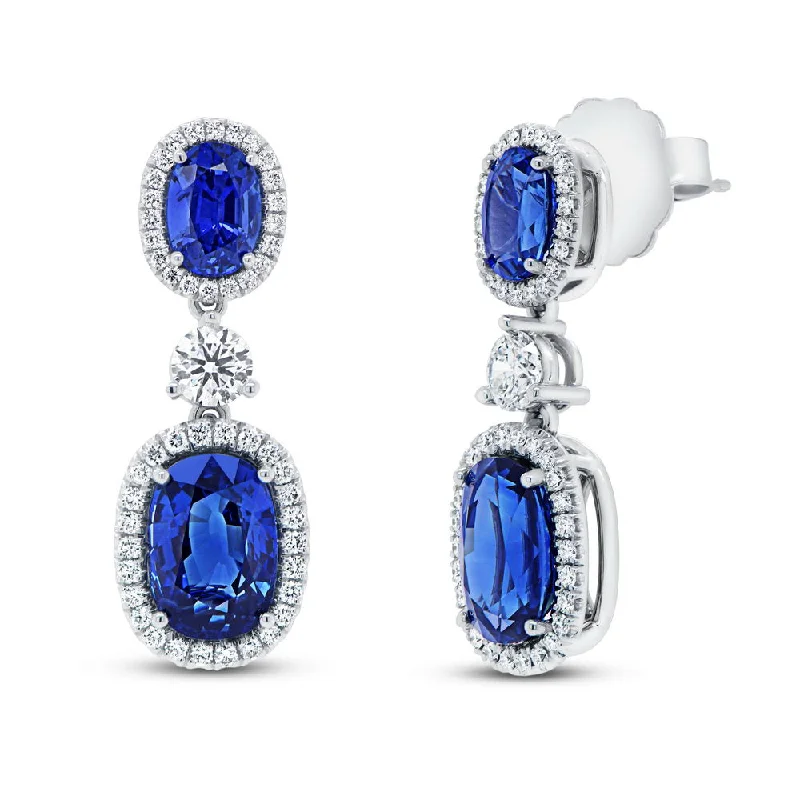 Women’s round earrings-Uneek Precious Collection Halo Oval Shaped Blue Sapphire Drop Earrings