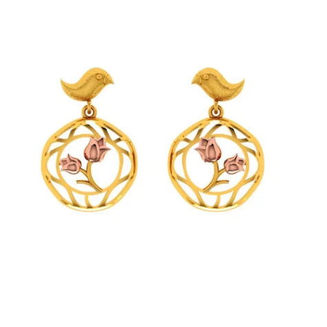 Women’s statement pearl earrings-Gold Earrings With A Cute Bird And Floral Design