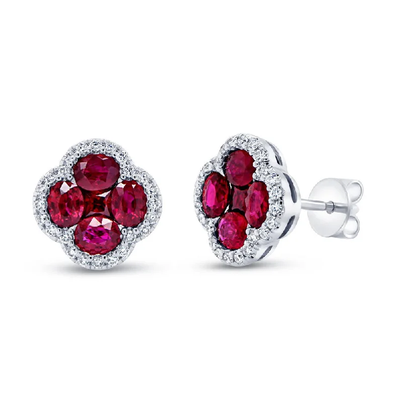 Women’s heart earrings-Uneek Precious Collection Floral Oval Shaped Ruby Stud Earrings