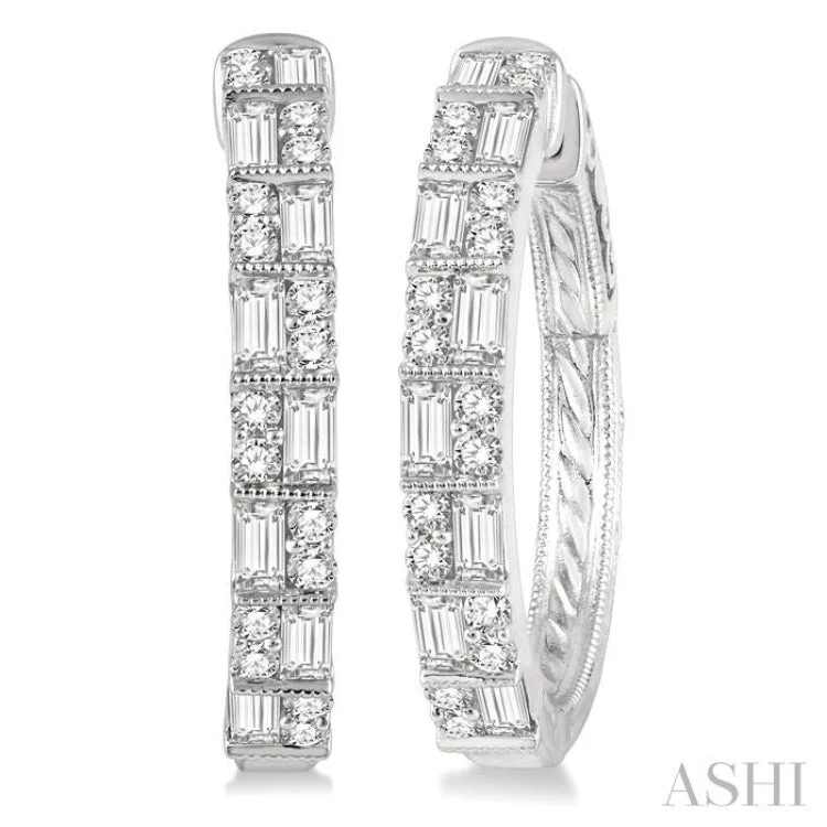 Women’s textured earrings-1 ctw Basket Weave Baguette and Round Cut Diamond Hoop Earrings in 14K White Gold