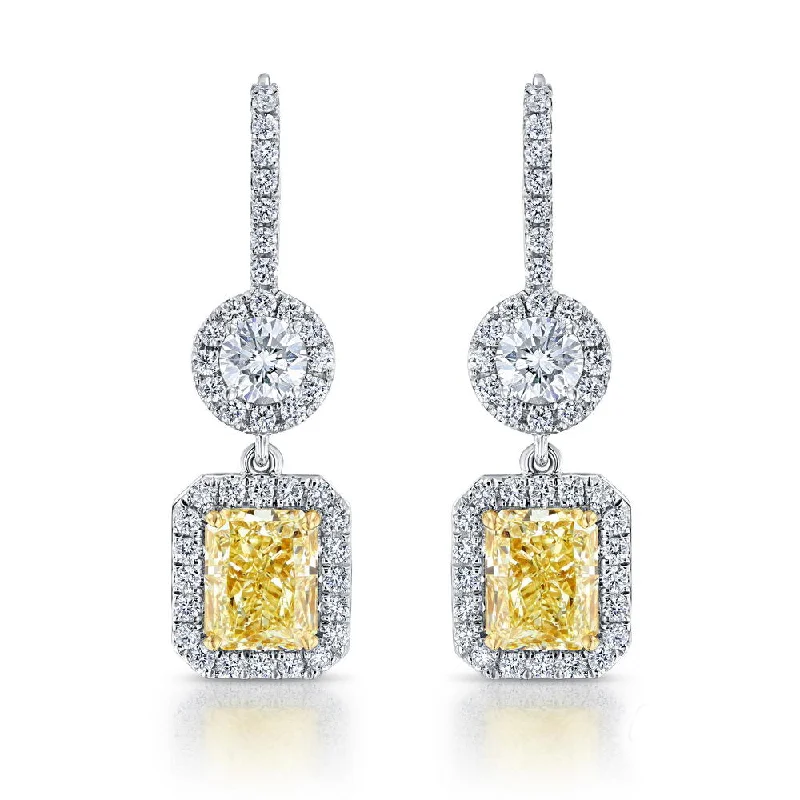 Women’s geometric stud earrings-Uneek Radiant Fancy Yellow Diamond Dangle Earrings with Accent Round Diamonds